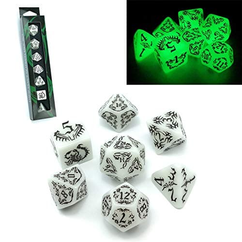Image of BESCON DARK ELVES Glowing Dice Set (7 piece), Oversized GLOW IN DARK Carved Role Playing Games RPG Dice Set