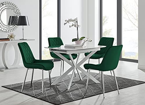 Image of Furniturebox UK Lira White High Gloss 100cm-140cm Extendable Space Saving 4/6 Seater Kitchen Dining Table With Starburst White Metal Legs & 4 Green Velvet Silver Chrome Leg Pesaro Dining Chairs