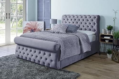 Image of Bespoke Chesterfield Plush Velvet Swan Sleigh Bed - Mattress/Heavy Duty Mesh Gas Lift Option - UK Made (Grey Plush, Small Double 4ft Bed Frame)