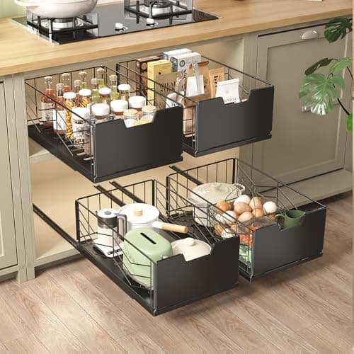 Image of NETEL 2PCS Pull Out Cabinet Organiser, No Drill Slide Out Drawers for Kitchen Cupboards, 53 cm deeper Pull Out Kitchen Storage, Kitchen Cupboard Organiser, 30cm W X 53cm D X 17.5cm H Black
