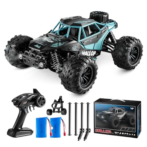 Image of YORKING Fast 1:16 RC Truck with Alloy Shell – 4WD Off-Road Monster Car with 2.4GHz Remote Control, Max Speed 22MPH, Dual 20+ Min Batteries – 4-Wheel Suspension – Gift for Boys Age 14+ (Black&Blue)