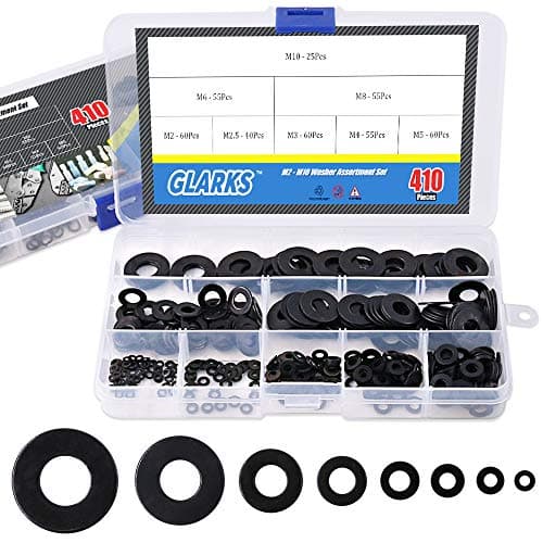 Image of Glarks 410Pcs Metric M2 M2.5 M3 M4 M5 M6 M8 M10 Flat Washers Assortment Set, Black Zinc Plated Alloy