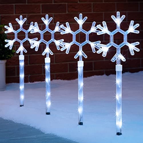 Image of Christow Snowflake Path Lights, Outdoor Christmas Stake Decorations, Flashing White LED Pathway Decorations, Battery Operated with Timer (Set of 4 x 44cm)