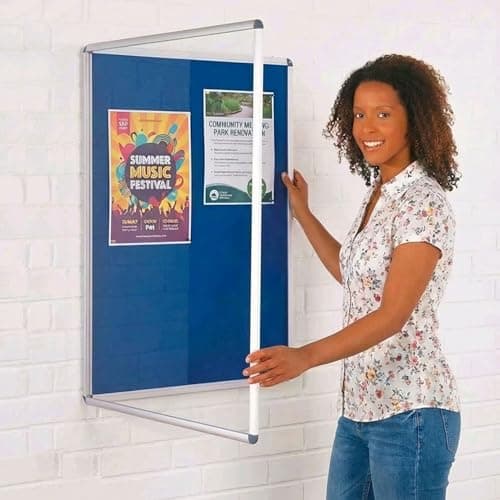 Image of Wonderwall Budget Tamperproof Lockable Blue Felt Noticeboard, 900 x 600 mm, Aluminium Frame, Indoor Pinboard with Two Safety Locks & Matching Keys - Ideal for Office, School, Displays, Healthcare