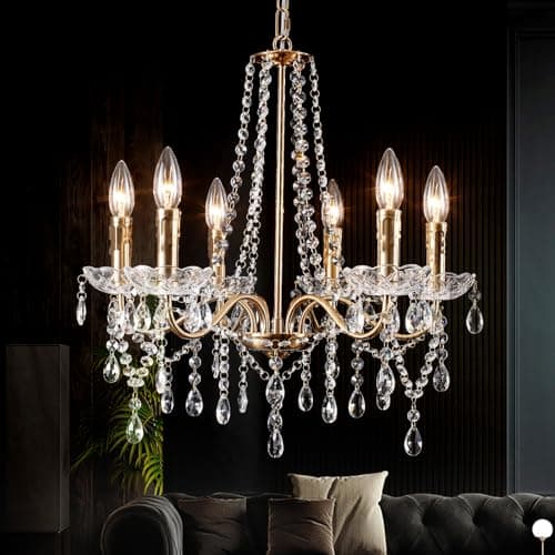 Image of Gold Chandeliers Ceiling Lights, 6 Lights Modern Crystal Gold Chandelier for Dining Room, Crystal Brass Chandelier Lighting Fixture Lamp for Living Room Bedroom Kitchen Bathroom, H 36 x W 41, E14 Base