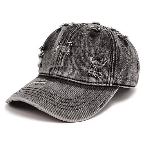 Image of Distressed Baseball Cap Vintage Washed Denim Dad Hat Adjustable Polo Trucker Unisex Style Headwear (Black)