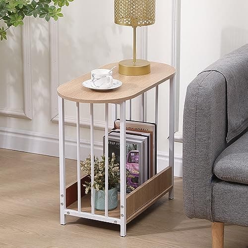 Image of Urkitd Small End Table Oval Side Table for Small Spaces, Sofa Side Table for Living Room Balcony Reception, Slim Coffee Table Modern Nightstand with Storage for Bedroom Home Office Furniture, Maple