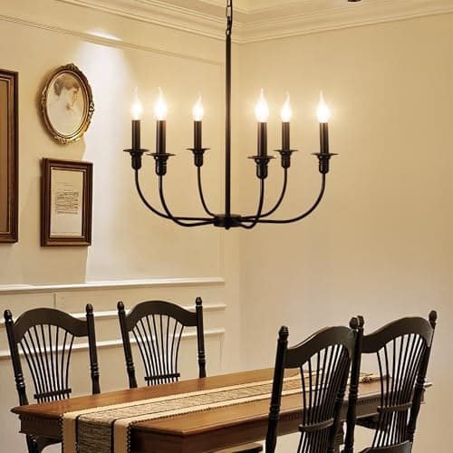 Image of Black Chandelier Ceiling Lights 6 Bulbs Chandelier Vintage, Classic Pendant Light Living Room, Modern Dining Room Lamp Hanging with E14 Socket, Height Adjustable Pendant Lights for Bedroom, Kitchen