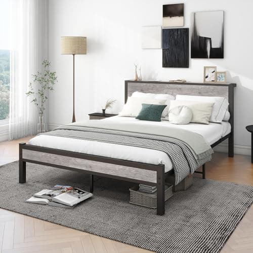 Image of Diahomy King Size Bed Frame with Storage Headboard Metal Platform Bed Frames/Mattress Base/Underbed Storage/No Box Spring Needed/Gray Bed Frame King Size