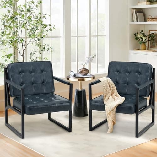Image of COLAMY Mid Century Modern Accent Chair Set of 2, Comfy Living Room Armchair with Metal Legs, Faux Leather Reception Arm Chair for Living Room Bedroom Reception Office, Blue
