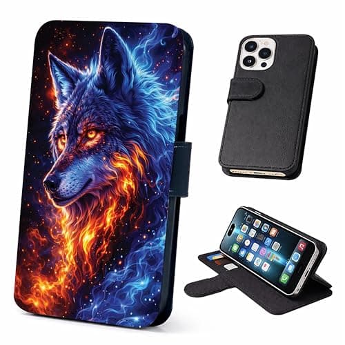 Image of Speaking of Gifts Fire & Ice Wolf Wallet Phone Case – Cosmic Flame Wolf Flip Cover Compatible with iPhone SE 7 8 X XR 11 12 13 14 15 16 16E 17 Air Plus Mini Pro Max