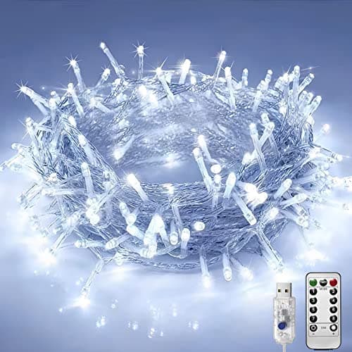 Image of Lezonic Fairy Lights USB Powered, 12M/39Ft 120 LED Fairy String Lights Waterproof, 8 Modes for Bedroom Garden Wedding Holiday Christmas Halloween Decorations (Cold White)