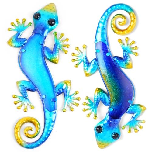 Image of AOOSU Metal Decor Gecko Art Decor, Wrought Iron Colorful Gecko Wall Sculptures, Outdoor Garden Fence Ornaments Hanging for Backyard Porch Patio（30.5 * 18cm 2pcs）