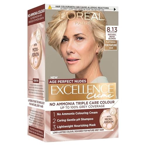 Image of L'Oreal Paris Excellence Age Perfect Nudes Permanent Hair Colour for Mature Hair, No Ammonia Triple Care Routine with Micro-Keratin, 100% Grey Coverage, 8.13 Natural Beige Blonde