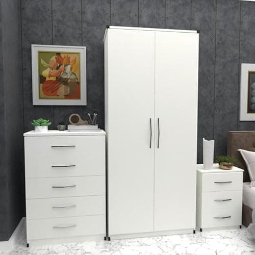 Image of Ready 3-Piece Bedroom Furniture Set, 2-Door Wardrobe 78cm, 5-Drawer Chest 72cm, 3-Drawer Bedside 40cm (White)