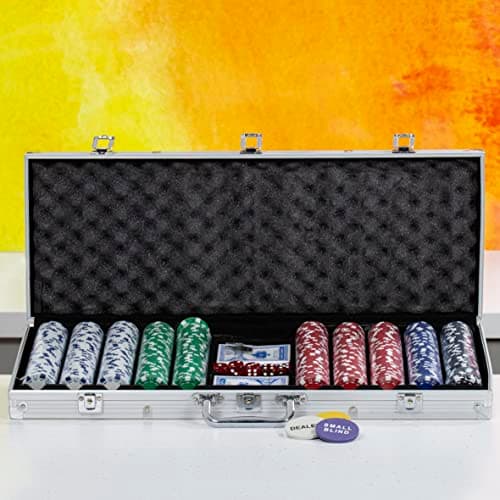 Image of Global Gizmos 50549 500 Piece Poker Set / 11.5g Chips/Contains Chips, Dice and Cards/Portable Casino Style Carry Case/Game Night/Texas Hold’Em, Blackjack and More Silver