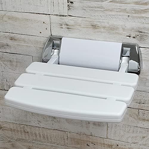 Image of EcoSpa Wall Mounted Folding Shower Seat – White with Chrome Trim Bathroom Chair for Elderly, Disabled & Mobility Aid, Space-Saving Design, Supports Up to 160kg (25st)