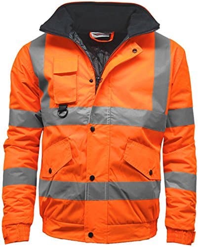 Image of Golomak® Hi Vis Viz Bomber Jacket High Visibility Workwear Safety Security Hooded Padded Waterproof Taped Seams Work Wear Coat Top (Orange, Large)