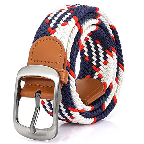 Image of JASGOOD Mens Belt-Elastic Braided Stretch Belt with Covered Leather Buckle for Jeans Woven Trouser Belts for Men and Women,Red White Dark Blue,Fit Waist Size 41"-45"