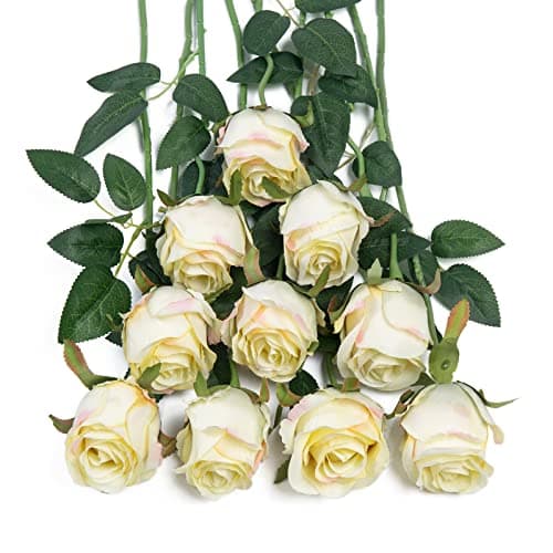 Image of DuHouse 10pcs Artificial Silk Roses Flowers Single Long Stem Fake Rose Bouquet for Wedding Home Party Decoration Centerpieces(Cream Green)
