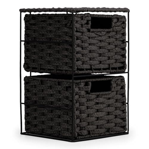 Image of EHC Drawers Storage Unit Baskets, 2 Drawer Wicker Hand-Woven Storage boxes Shelves, Ideal For Organising Home or Office - Black 20 x 22 x 33 cm