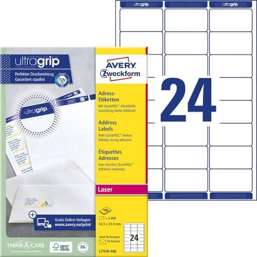 Image of AVERY Zweckform L7159-100 Address Labels 100 Sheets 2400 Labels 63.5 x 33.9 mm White