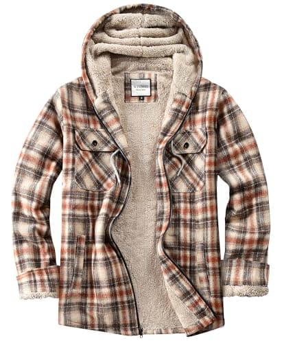Image of WINDFIT Women's Full Zip Fleece Flannel Jacket Plaid Sherpa Lined Jacket for Women, Beige/Orange, L