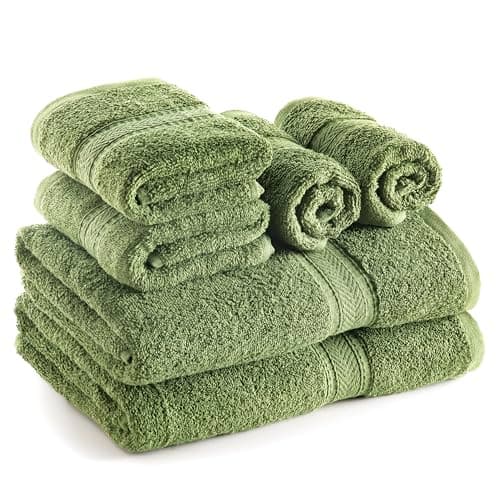 Image of SweetNeedle 6 Piece Towel Set - 2 Bath Towels, 2 Hand Towels and 2 Washcloths Cotton Daily Use Hotel Spa Quality Soft Highly Absorbent Quick Dry Light Weight (Olive Green)