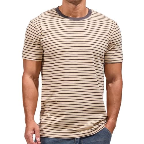 Image of VEIISAR Men's Crewneck Striped T-Shirt Soft Elastic Cotton Tees, 311 Beige, Medium