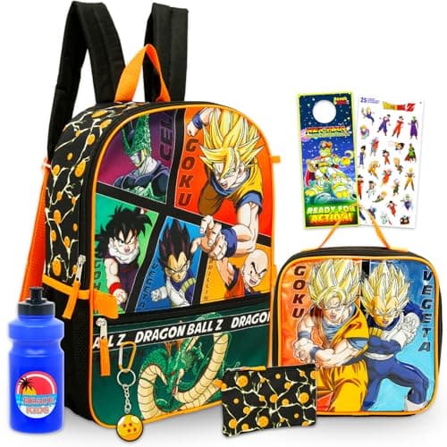 Image of Dragon Ball Z Backpack with Lunch Box Set - Bundle with 16" Anime Backpack, Lunch Bag, Water Bottle, Pencil Case, Keychain, Stickers, More | Dragon Ball School Bag for Kids