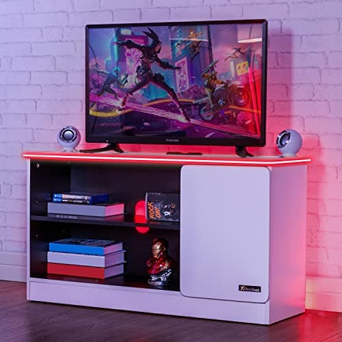 Image of X-Rocker Carbon-Tek 100cm Width, RGB LED TV Stand Media Centre - Neo Fibre Lighting, 2 Open Shelves, 2 Shelf Storage Cupboard, Durable Wooden Frame for Kids & Teens - White