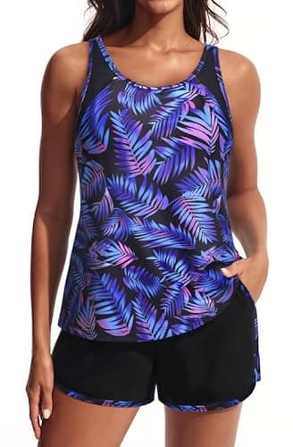 Image of Hanna Nikole Tankini Top with High Waist Buit in Bottom Swim Shorts, Tankini Sets for Women,Sport Swimming Costume,Modest Swimwear,2 Piece Tummy Control Swimsuit,Adjustable Bathing Suit with Pockets