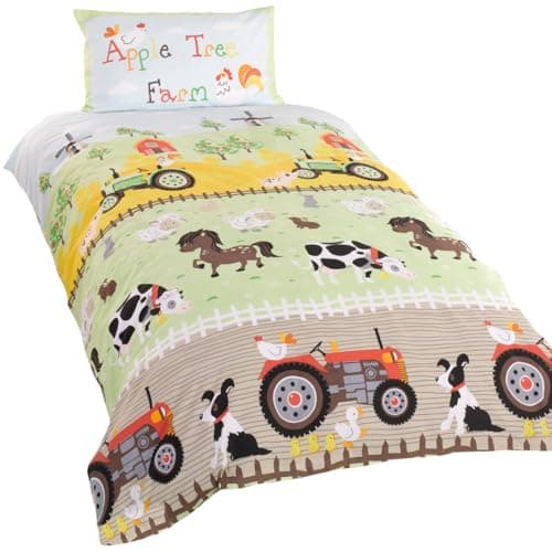 Image of Rapport Home Single Duvet Cover Set & Pillowcase - Farm Animals & Tractors Multi-Colour Polycotton Bedding for Cot Beds 135x200cm Kids Boys Girls Easy Care