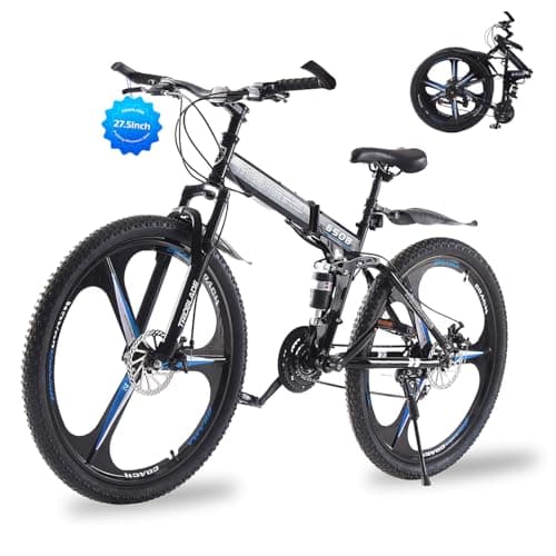 Image of TRIOBLADE 24/26/27.5'' Folding Mountain Bike 21Speed Foldable Mountain Bicycle with Dual Disc Brakes 3 Spoke Wheels Mountain Bikes Dual Suspension Design for Adult Men Women (Black&Blue, 27.5inch)