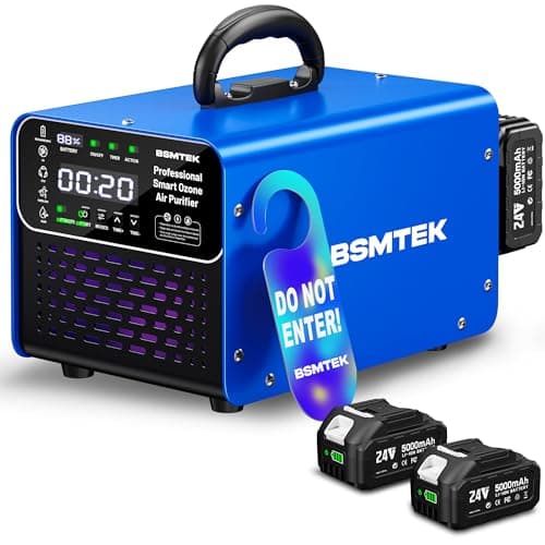 Image of BSMTEK Cordless Ozone Generator with 2X 5000mAh Battery & Quick Charger, 24V Professional Grade Ozone Machine, Deodorizer, With Remote Control, Suitable for Large Room，Blue