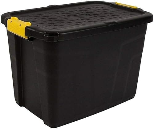 Image of MaryMo Strata Heavy Duty Large Storage Box, 42L, Lockable, Indoor/Outdoor, Clip Lock, Black with Yellow Handles