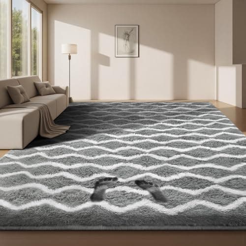Image of Sour Lemon Rugs Living Room 200x300cm, Light Grey and White Striped Area Rug for Bedroom Anti Slip, Extra Large Shaggy Fluffy Rug, Modern Washable Floor Carpets for Lounge, Bedside Rugs for Kids Room