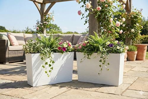 Image of GORDANLUK Tall Rectangular Textured Planter with Removable Liner – 56cm Long Trough Planter for Indoor & Outdoor Use | Large Window Box Planter | Self Watering | UV-Resistant Polypropylene (White)