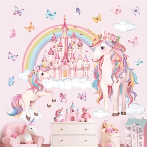 Image of decalmile Large Unicorn Rainbow Wall Stickers Pink Castle Butterfly Wall Decals Baby Nursery Bedroom Girls Room Home Decor