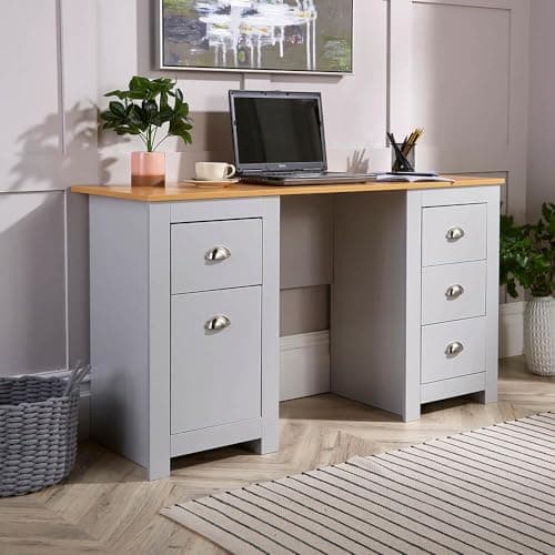 Image of Home Source Office Computer Desk, Dressing Table, 4 Drawers, 1 Cupboard, Oak Effect top, Grey