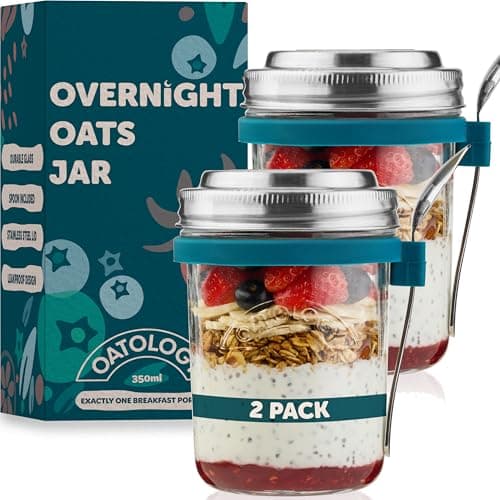 Image of OATOLOGY Glass Overnight Oats Jar Container | Unique Leakproof Stainless Steel Lids, Spoon, Thick Glass | Breakfast Pots Mason Jars for Chia Pudding Granola Yoghurt Porridge Cereal On-the-Go | 2 pack