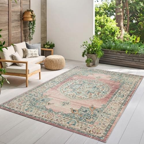 Image of the carpet Palma Indoor & Outdoor Rug, Flat Weave, Robust, Modern Design, Vintage Look, Used Look, Super Flat, UV and Weather Resistant, Orient Pattern, Pink, 140 x 200 cm