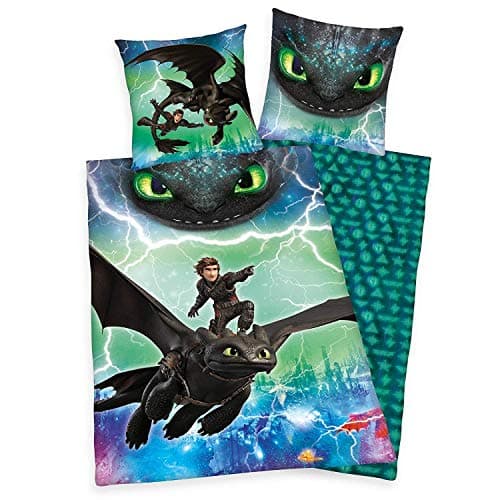Image of Herding DREAMWORKS DRAGONS Bedding Set, Reversible Motif, Duvet Cover 135 x 200 cm, Pillow Case 80 x 80 cm, Cotton/Renforcé