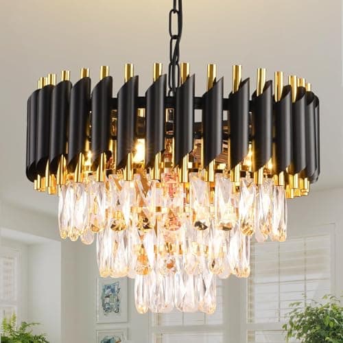 Image of MSSIAN Black and Gold Crystal Chandelier Pendant Light Fixture Flush Mount Ceiling Lighting 3 Tiers Modern Crystal Chandeliers for Living Room Dining Room Bedroom Bathroom Foyer E14*5 Light