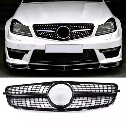 Image of For Auto Perfectionists UK Front Diamond Grill Compatible With Mercedes C Class W204 2007-2014 AMG Style ABS Gloss Black