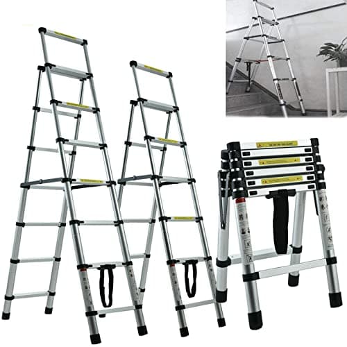 Image of Royalswill Telescopic Ladder, Portable 4+5 Step Aluminium Extension A-Frame Multi-Purpose Anti-Slip Extendable Loft Ladder Folding Lightweight Collapsible Max Load 150kg, EN131 (1.4m+1.7m)