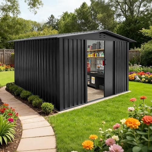 Image of All-Weather Outdoor Storage Shed with Sliding Doors & Apex Roof – Heavy-Duty Galvanized Steel Garden Tool Shed, Bike Storage, Utility House for Backyard, Patio, Lawn (Grey, 8 Wide" x 10 Depth")