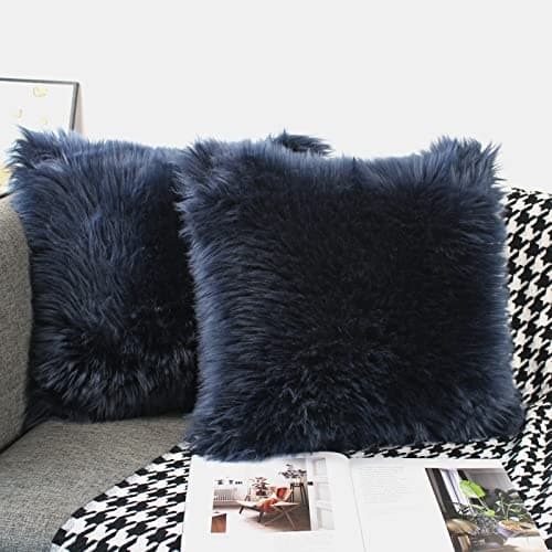 Image of OYIMUA Navy Blue 18 x 18 Inches Cushion Covers Pack of 2 Fluffy Soft Faux Fur Square Pillowcases, Luxury Home Decorative Super Soft Plush Pillow Covers Case 45cm x 45cm for Sofa Bed Living Room