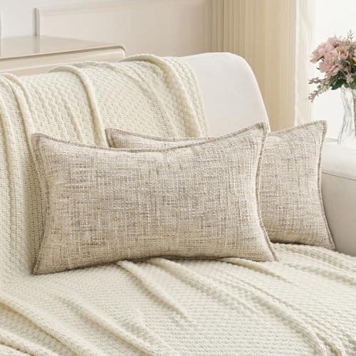 Image of FUTEI Set of 2 Chenille Tweed 30cm x 50cm Cushion Covers Soft Farmhouse Decorative Pillow Covers 30 x 50 cm Vintage Scatter Cushions for Sofa Bed Living Room, Beige