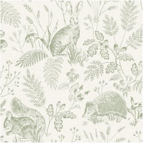 Image of Woodland Animals Wallpaper Sage Greem Nature Forest Animal with Hare Hedgehog Squirrel Botanical Leaf Pattern Rustic Country Style Feature Wall for Living Room Bedroom Hallway Decor